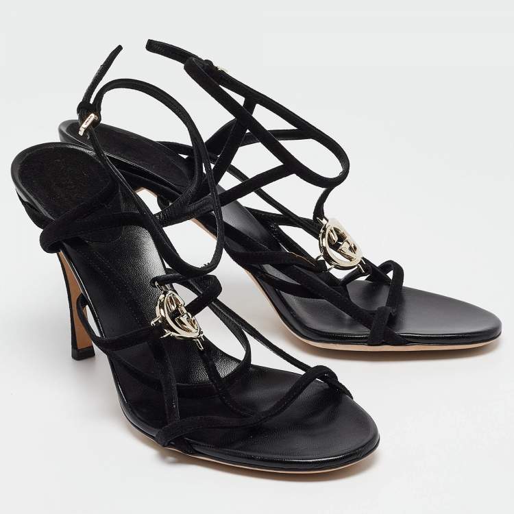 Pre Owned Gucci Black Suede Interlocking G Ankle Strap Sandals Size 40