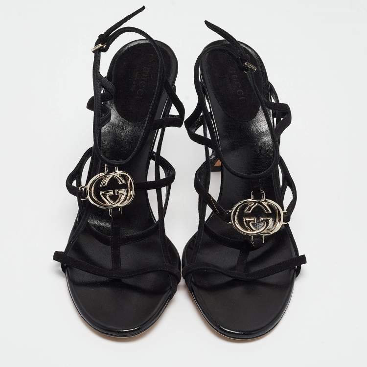 Pre Owned Gucci Black Suede Interlocking G Ankle Strap Sandals Size 40