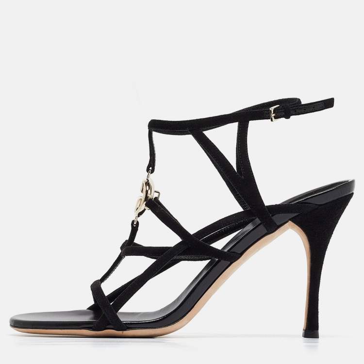 Pre Owned Gucci Black Suede Interlocking G Ankle Strap Sandals Size 40
