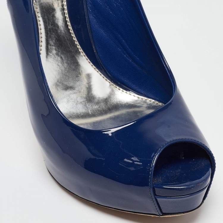 Pre Owned Gucci Blue Patent Sofia Peep Toe Slingback Pumps Size 40.5