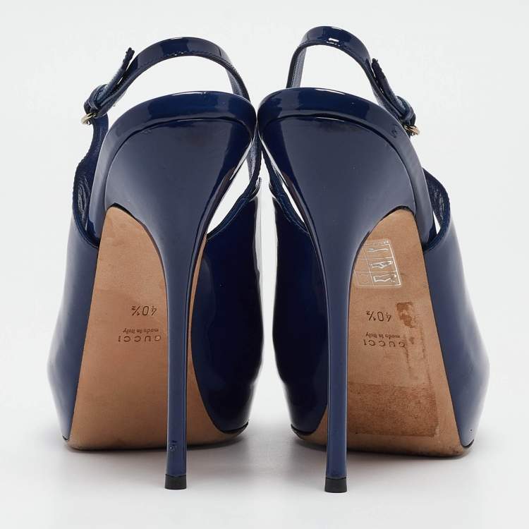 Pre Owned Gucci Blue Patent Sofia Peep Toe Slingback Pumps Size 40.5