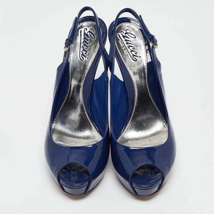 Pre Owned Gucci Blue Patent Sofia Peep Toe Slingback Pumps Size 40.5