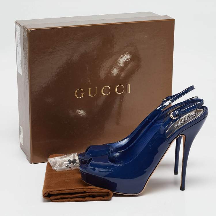 Pre Owned Gucci Blue Patent Sofia Peep Toe Slingback Pumps Size 40.5