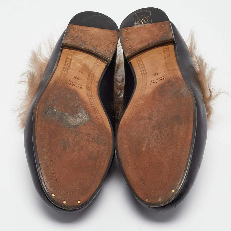 Pre Owned Gucci Black Leather Fur Lined Jordaan Loafers Size 38