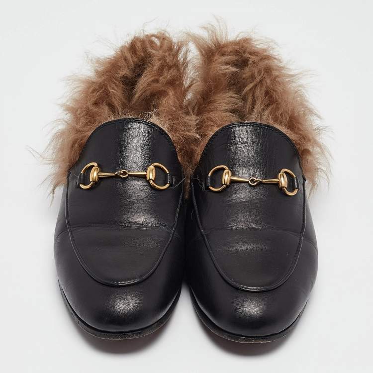 Pre Owned Gucci Black Leather Fur Lined Jordaan Loafers Size 38