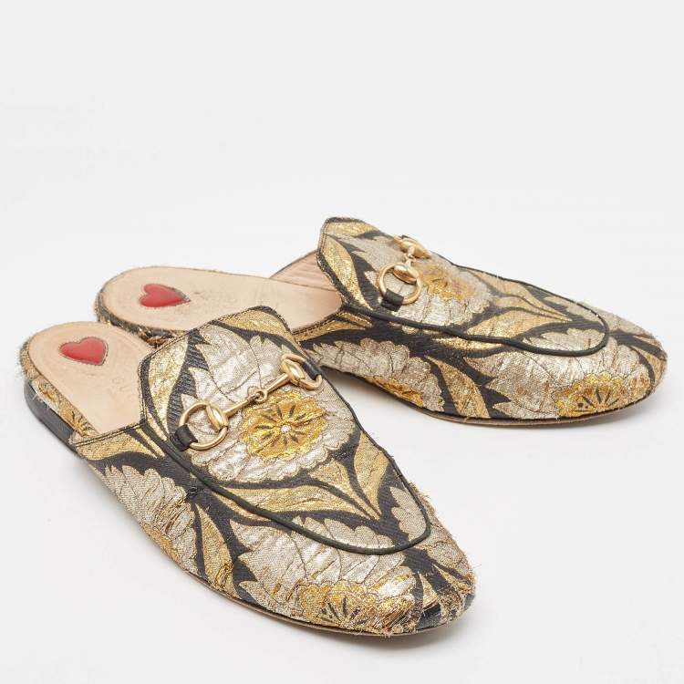 Pre Owned Gucci Metallic Brocade Fabric Princetown Flat Mules Size 37
