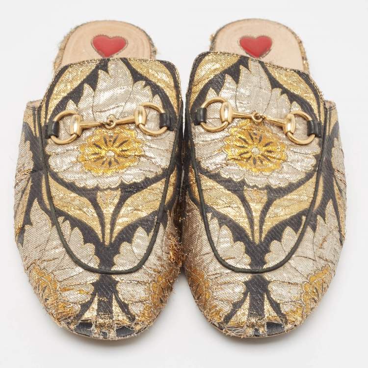 Pre Owned Gucci Metallic Brocade Fabric Princetown Flat Mules Size 37