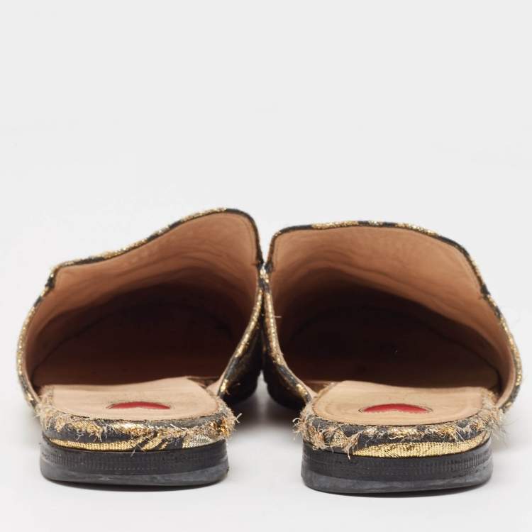 Pre Owned Gucci Metallic Brocade Fabric Princetown Flat Mules Size 37