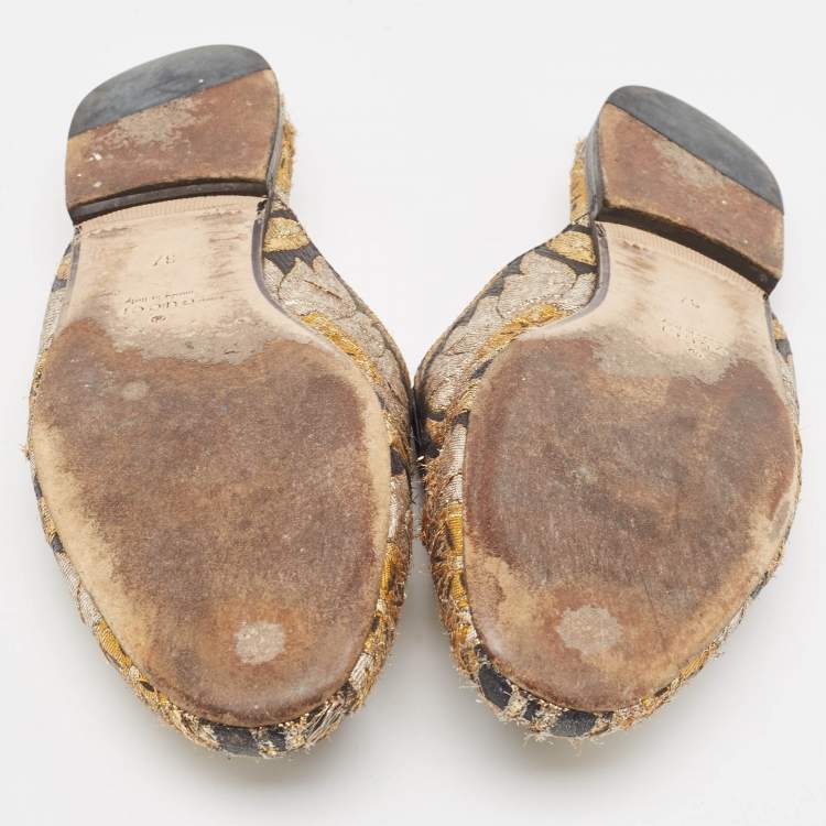 Pre Owned Gucci Metallic Brocade Fabric Princetown Flat Mules Size 37