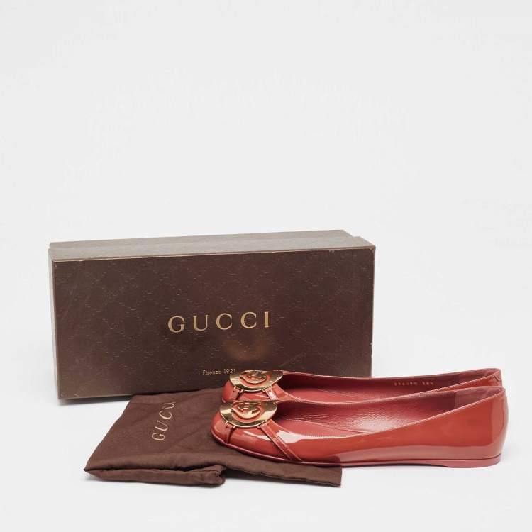 Pre Owned Gucci Brown Patent Leather GG interlocking Buckle Ballet Flats Size 38.5