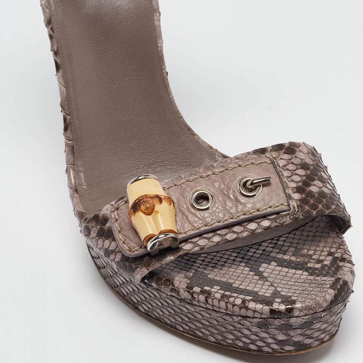 Pre Owned Gucci Grey Python Leather Bamboo Platform Ankle Strap Sandals Size 40
