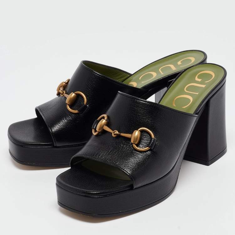Pre Owned Gucci Black Leather Horsebit Platform Slide Sandals Size 37.5