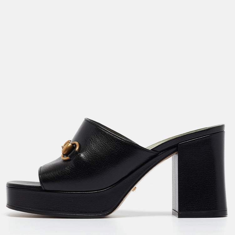 Pre Owned Gucci Black Leather Horsebit Platform Slide Sandals Size 37.5