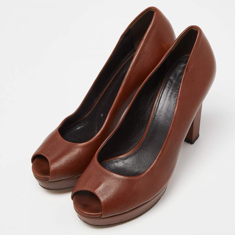Pre Owned Gucci Brown Leather Peep Toe Platform Pumps Size 36.5