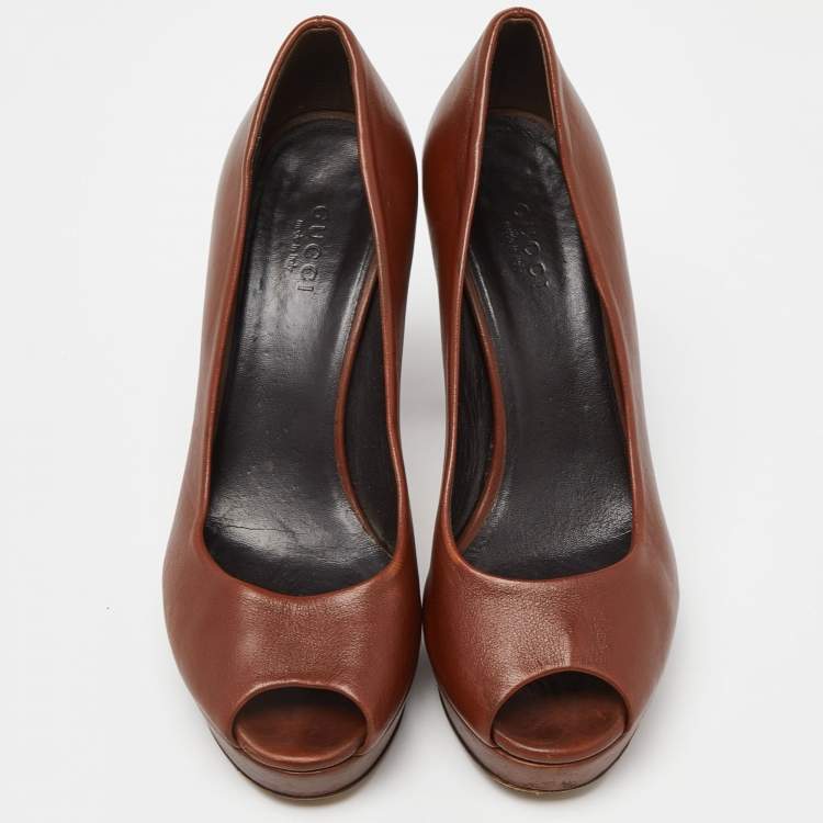 Pre Owned Gucci Brown Leather Peep Toe Platform Pumps Size 36.5