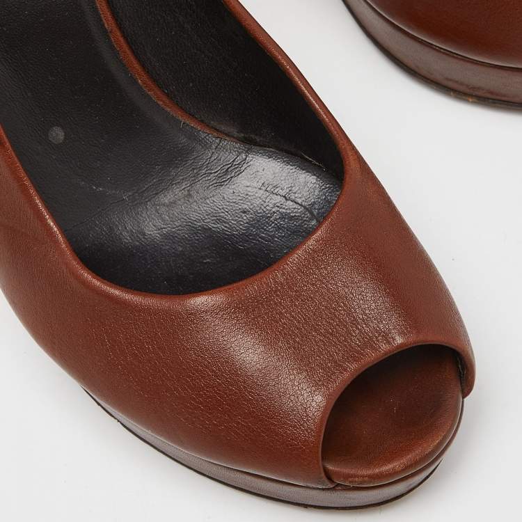 Pre Owned Gucci Brown Leather Peep Toe Platform Pumps Size 36.5