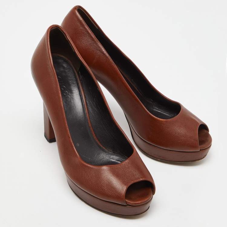 Pre Owned Gucci Brown Leather Peep Toe Platform Pumps Size 36.5