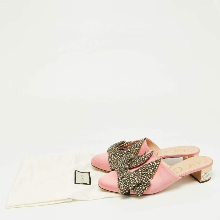 Pre Owned Gucci Pink Satin Crystal Embellished Bow Mules Size 41.5