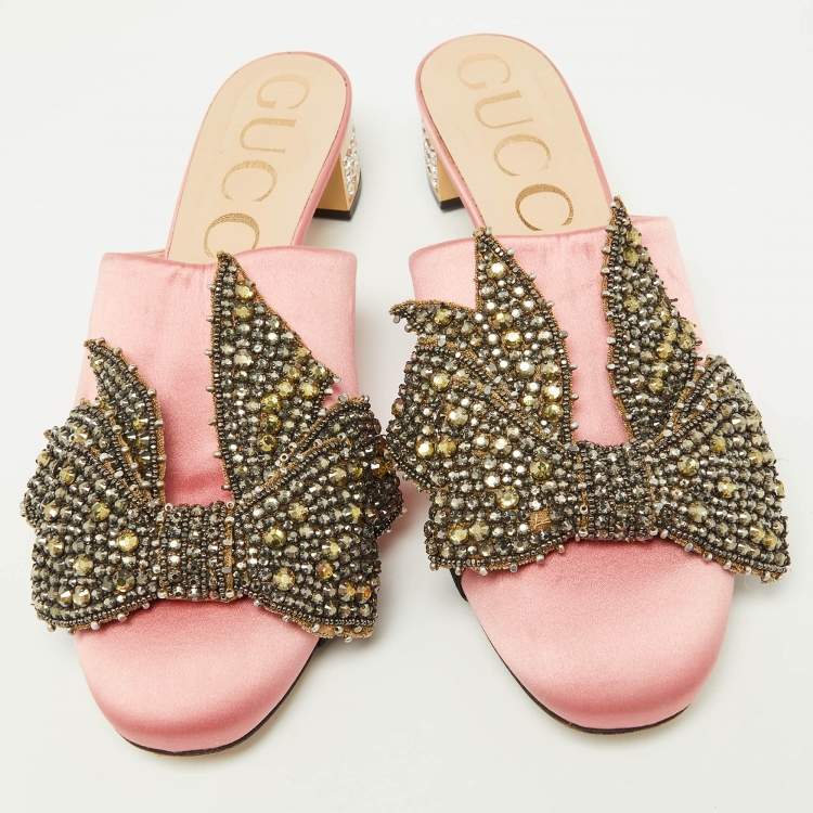 Pre Owned Gucci Pink Satin Crystal Embellished Bow Mules Size 41.5