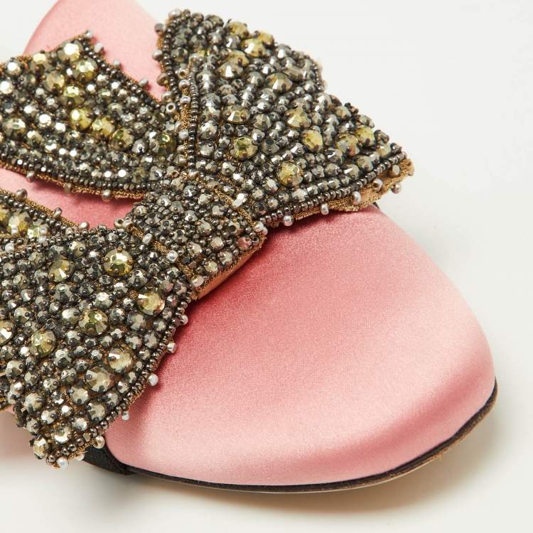 Pre Owned Gucci Pink Satin Crystal Embellished Bow Mules Size 41.5