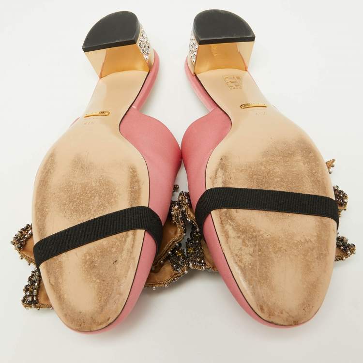 Pre Owned Gucci Pink Satin Crystal Embellished Bow Mules Size 41.5