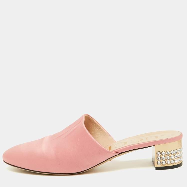 Pre Owned Gucci Pink Satin Crystal Embellished Bow Mules Size 41.5