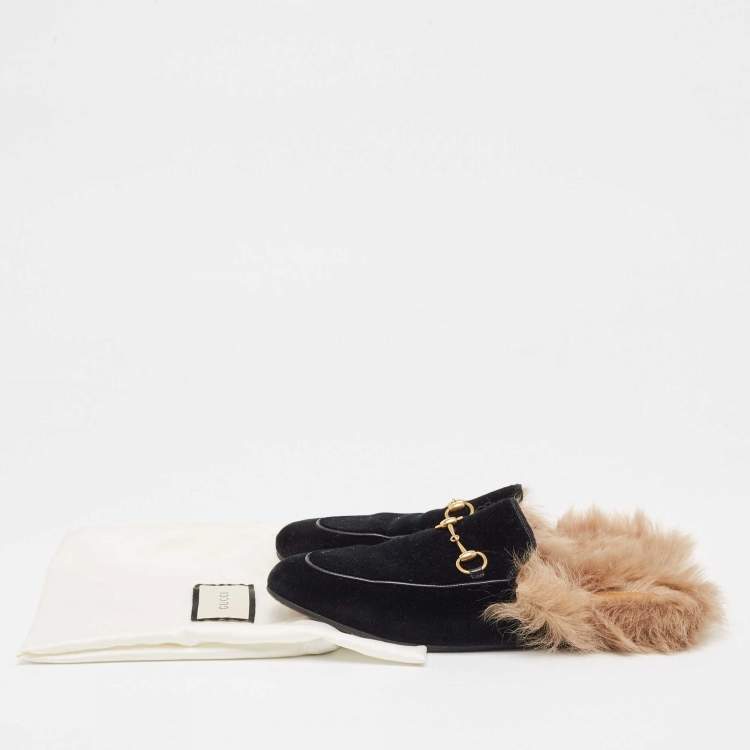 Pre Owned Gucci Black Velvet Fur Lined Princetown Flat Mules Size 39