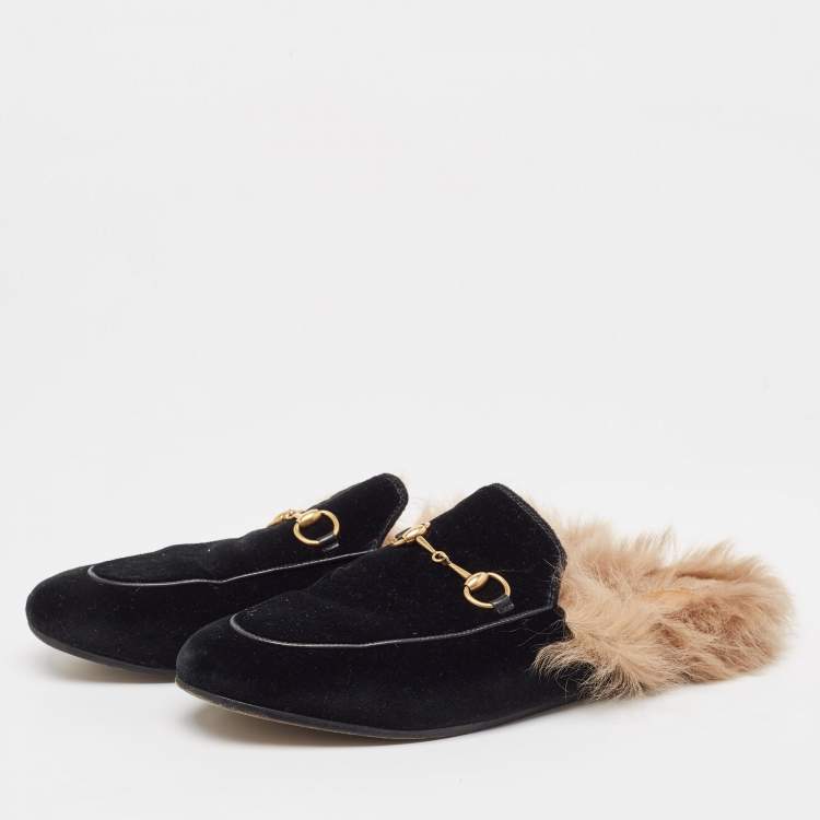 Pre Owned Gucci Black Velvet Fur Lined Princetown Flat Mules Size 39