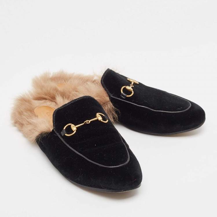 Pre Owned Gucci Black Velvet Fur Lined Princetown Flat Mules Size 39