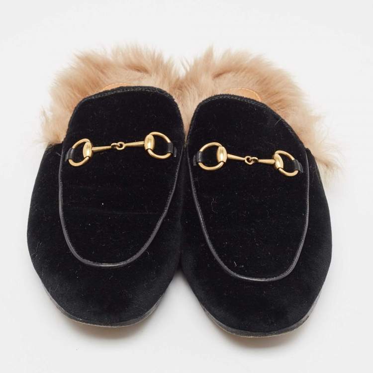 Pre Owned Gucci Black Velvet Fur Lined Princetown Flat Mules Size 39