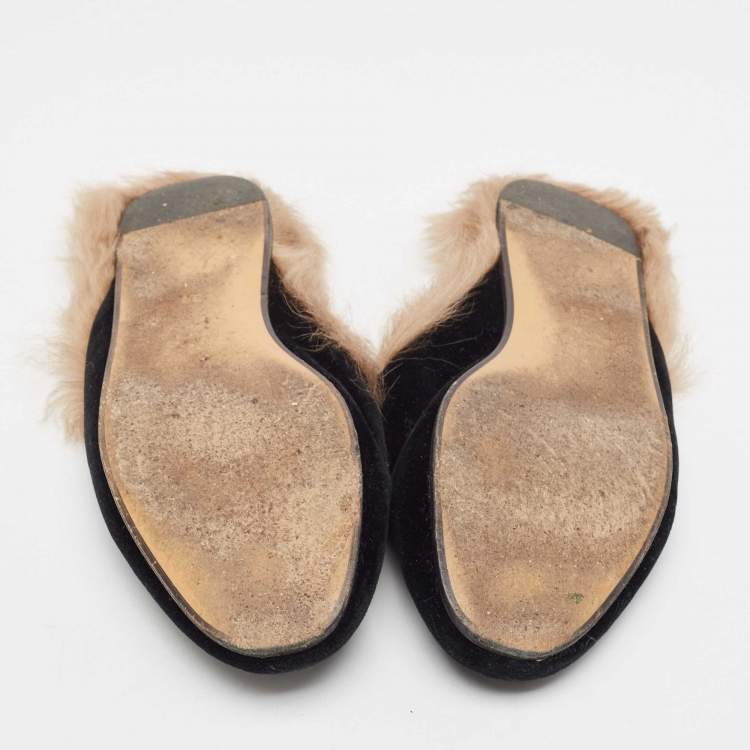 Pre Owned Gucci Black Velvet Fur Lined Princetown Flat Mules Size 39