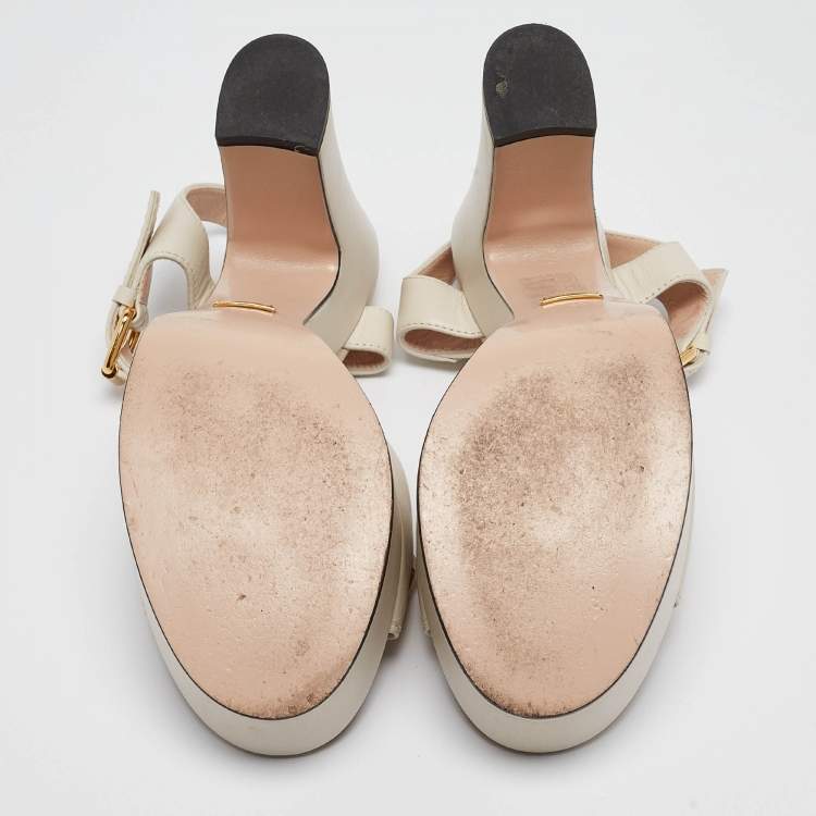 Pre Owned Gucci Cream Leather Horsebit Platform Block Heel Ankle Strap Sandals Size 40
