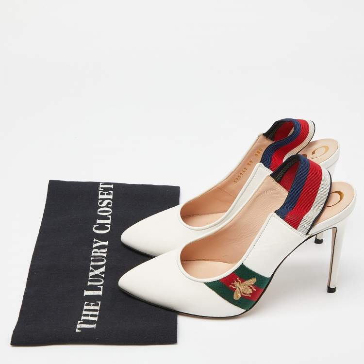 Pre Owned Gucci White Leather Sylvie Web Pointed Toe Slingback Pumps Size 39