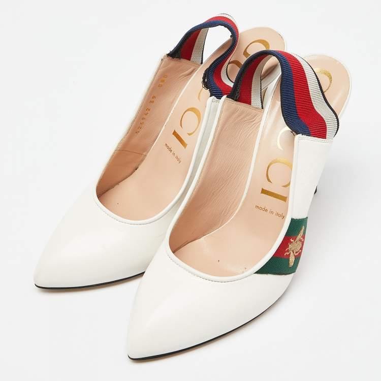 Pre Owned Gucci White Leather Sylvie Web Pointed Toe Slingback Pumps Size 39