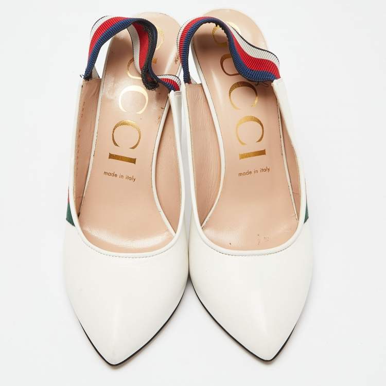 Pre Owned Gucci White Leather Sylvie Web Pointed Toe Slingback Pumps Size 39