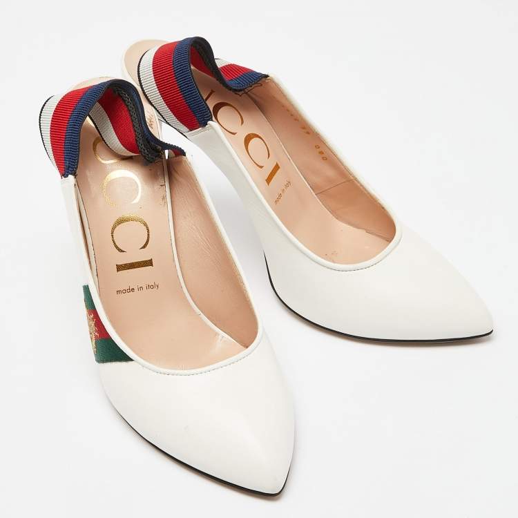 Pre Owned Gucci White Leather Sylvie Web Pointed Toe Slingback Pumps Size 39