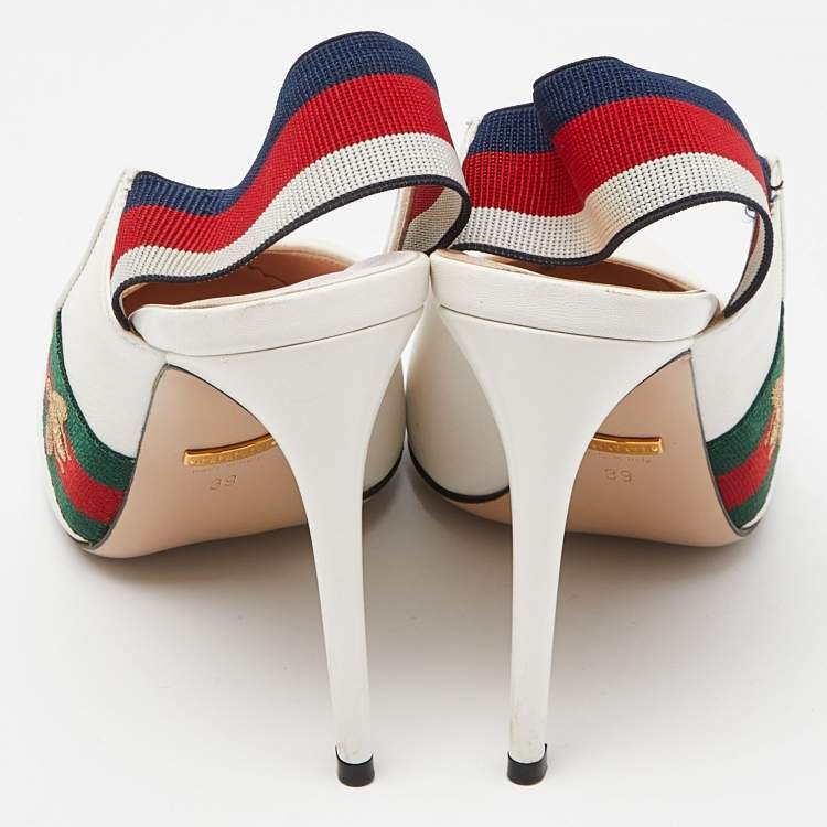 Pre Owned Gucci White Leather Sylvie Web Pointed Toe Slingback Pumps Size 39