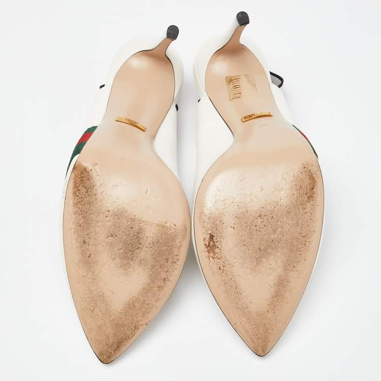 Pre Owned Gucci White Leather Sylvie Web Pointed Toe Slingback Pumps Size 39