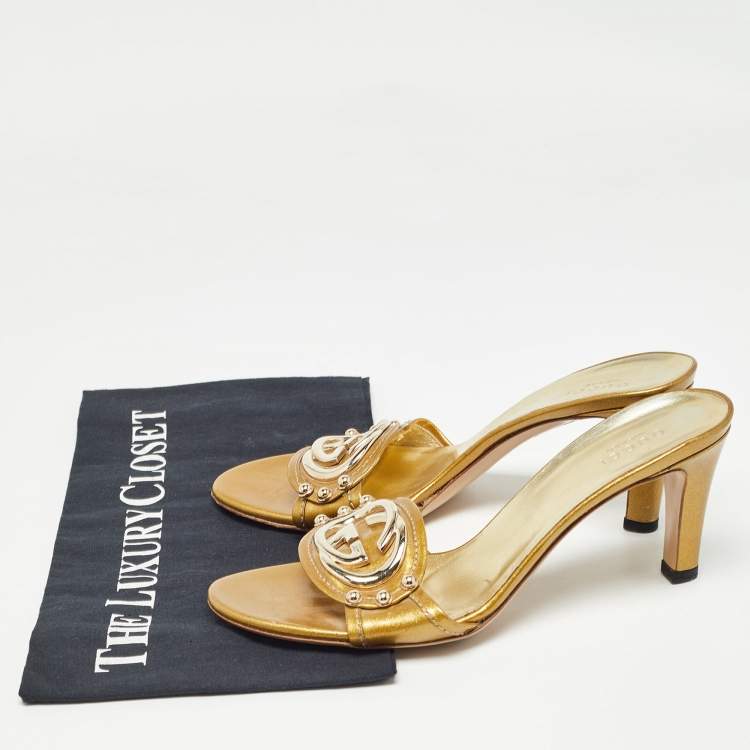 Pre Owned Gucci Gold Leather Interlocking G Slide Sandals Size 36.5