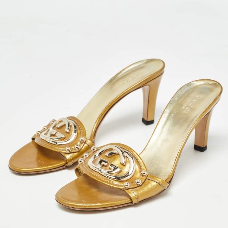 Pre Owned Gucci Gold Leather Interlocking G Slide Sandals Size 36.5
