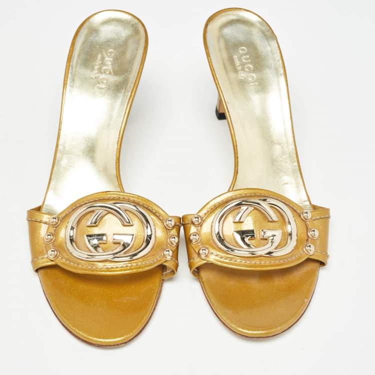 Pre Owned Gucci Gold Leather Interlocking G Slide Sandals Size 36.5