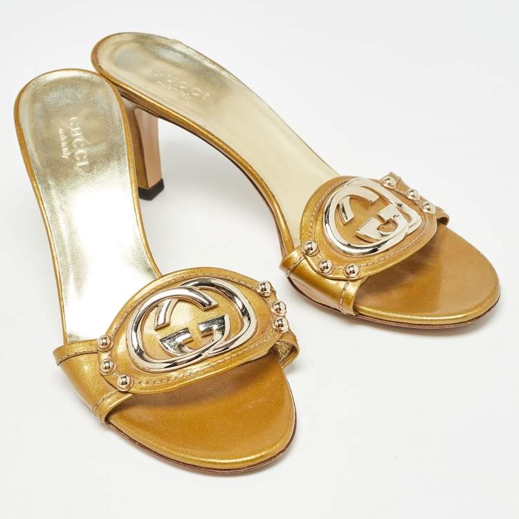 Pre Owned Gucci Gold Leather Interlocking G Slide Sandals Size 36.5