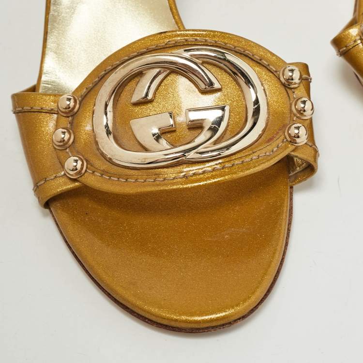 Pre Owned Gucci Gold Leather Interlocking G Slide Sandals Size 36.5