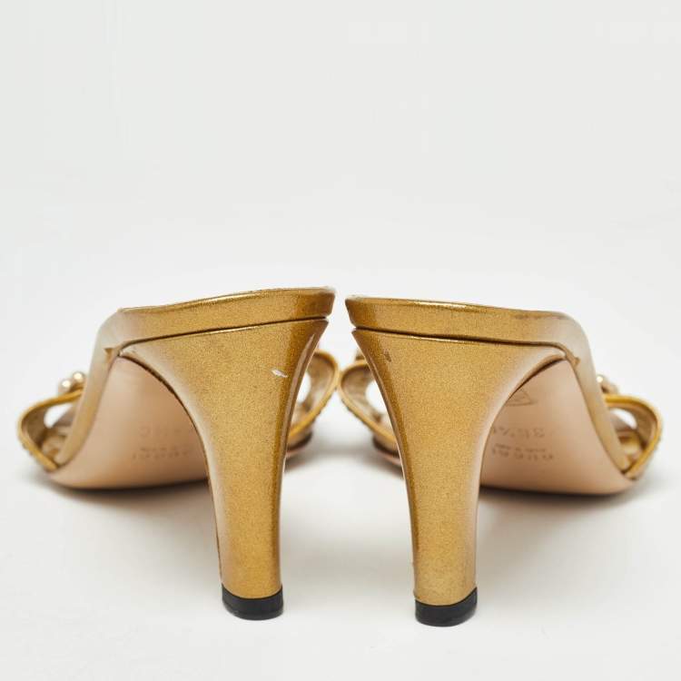 Pre Owned Gucci Gold Leather Interlocking G Slide Sandals Size 36.5