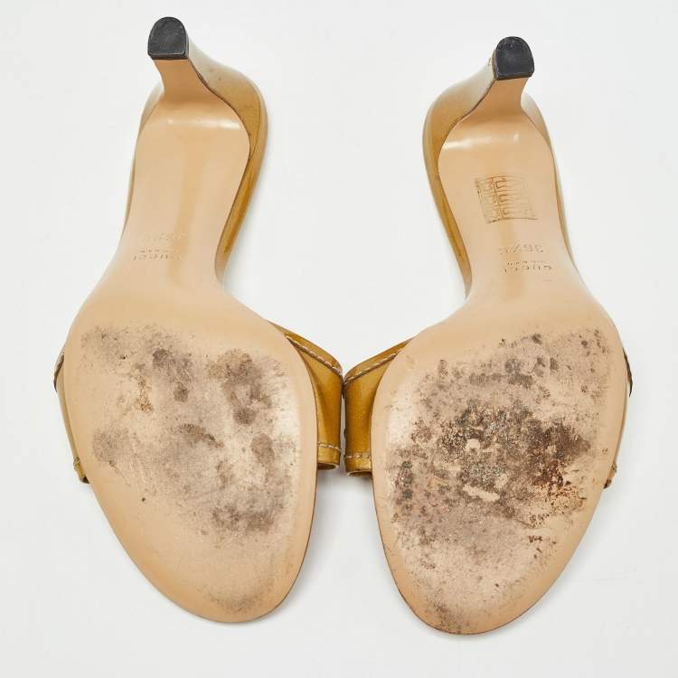 Pre Owned Gucci Gold Leather Interlocking G Slide Sandals Size 36.5