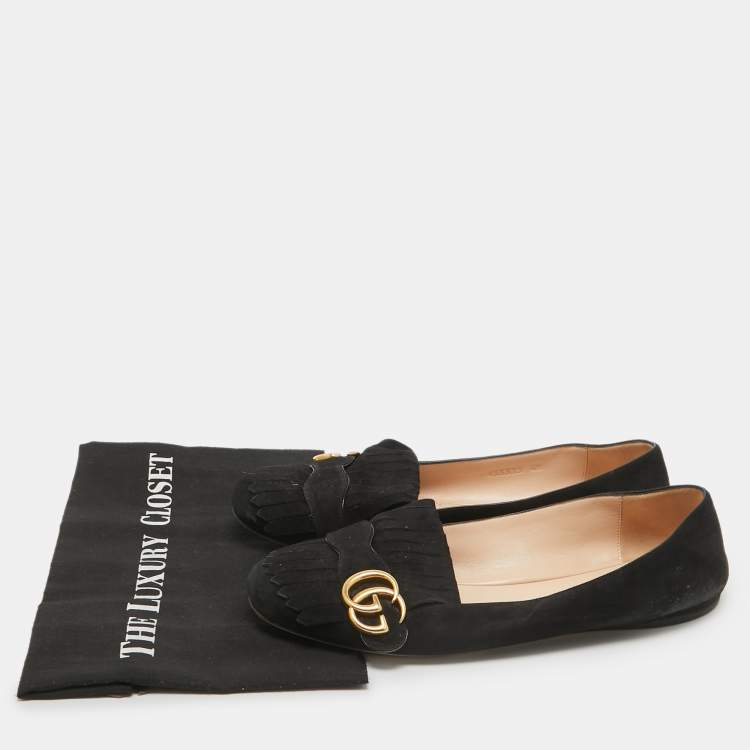 مملوكة مسبقًا Gucci Black Suede GG Marmont Fringe Ballet Flats Size 40