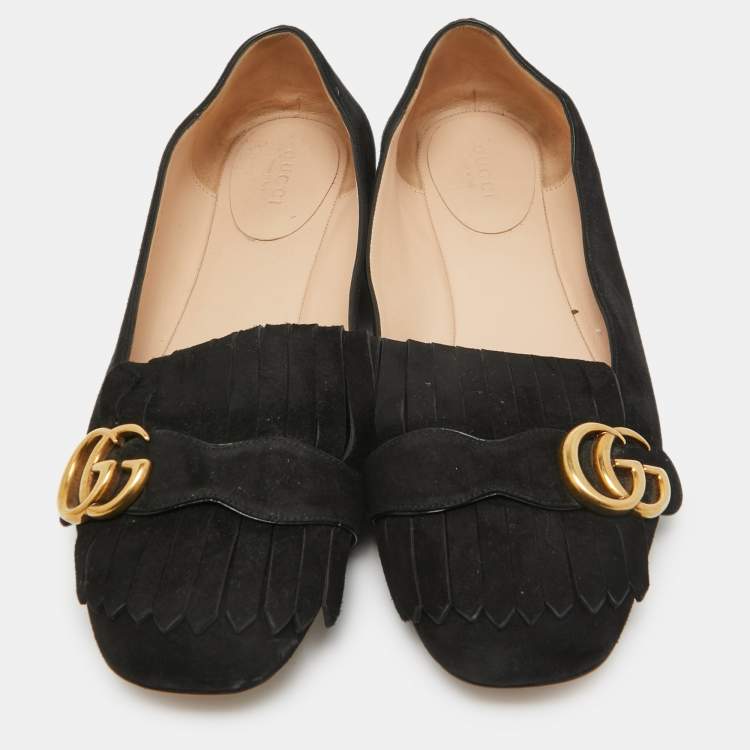 مملوكة مسبقًا Gucci Black Suede GG Marmont Fringe Ballet Flats Size 40