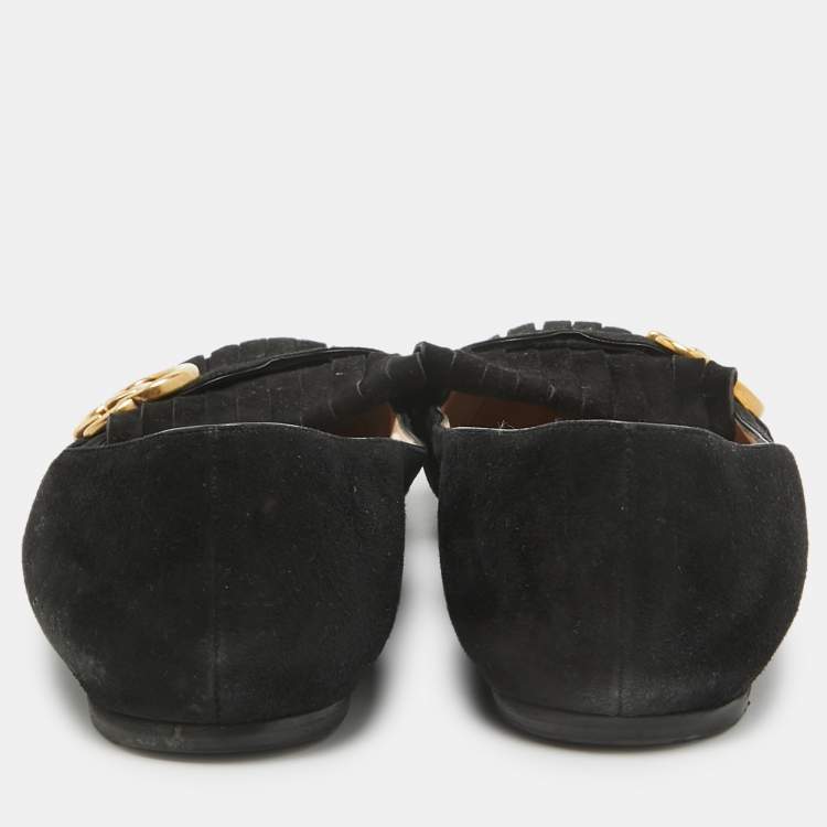 مملوكة مسبقًا Gucci Black Suede GG Marmont Fringe Ballet Flats Size 40