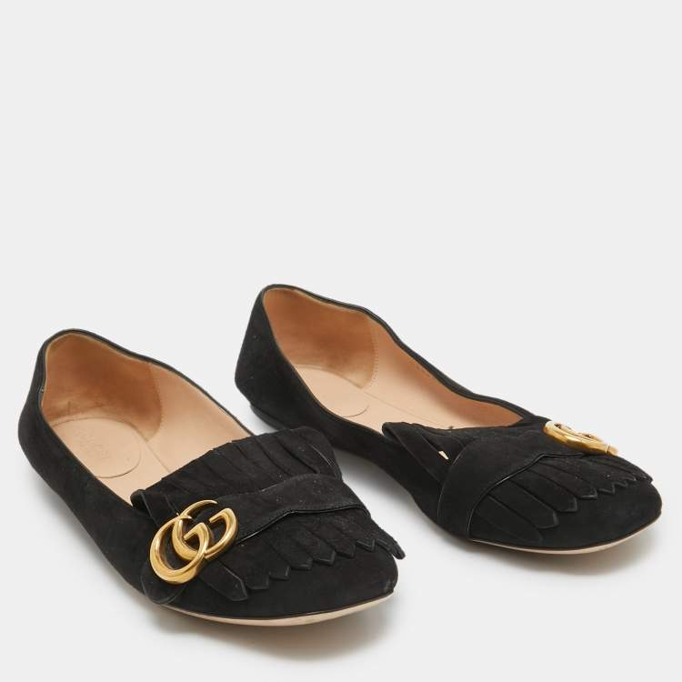 مملوكة مسبقًا Gucci Black Suede GG Marmont Fringe Ballet Flats Size 40