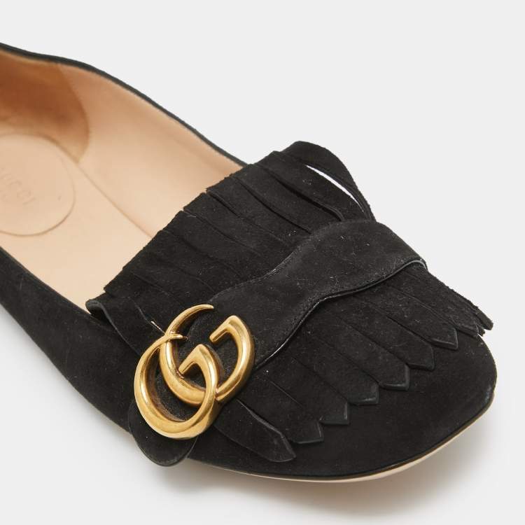 مملوكة مسبقًا Gucci Black Suede GG Marmont Fringe Ballet Flats Size 40
